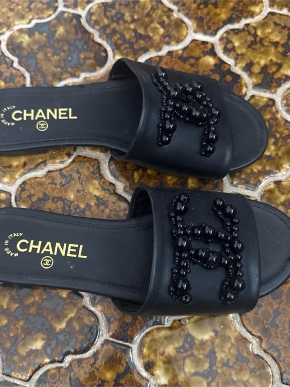 Womens Chanel Black Beaded Slide Sandals size 7